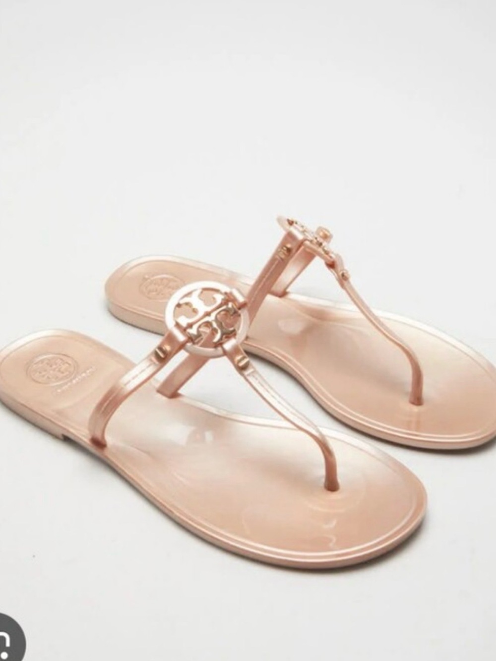 Tory Burch Rose Gold Logo Jelly Thong Sandals